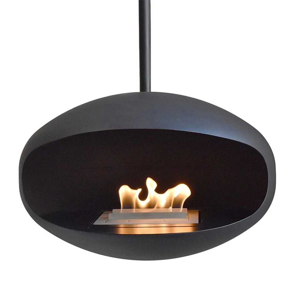 Cocoon Aeris Schwarz | Schwarze Stange | Cocoon Fires | Ethanol Hängekamin mit Deckenstange | Deckenkamin in komplett Schwarz