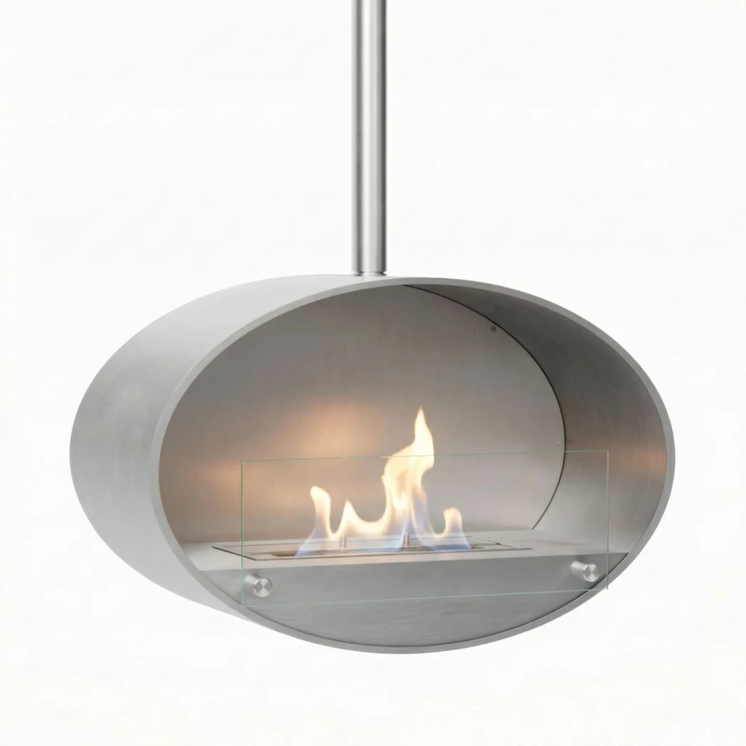 ScandiFlames Halifax Stahl Oval Deckenmontierter Bioethanol-Kamin - 60 cm - 1 Meter Deckenstange - Für eine gemütliche Atmosphäre