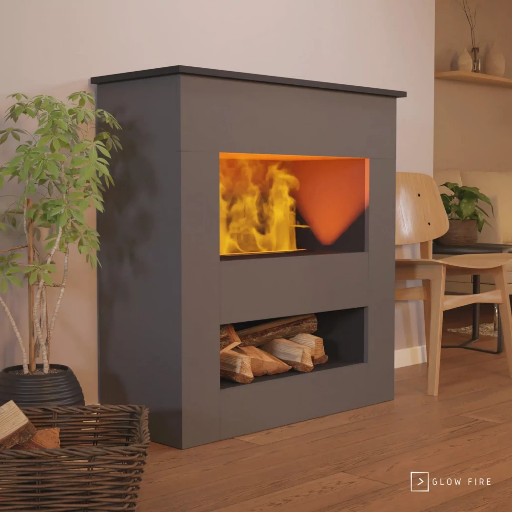 Brecht Grau - OMC 600 – Freistehender Wasserdampfkamin – Realistische Flamme, Keine Wärme, Energiesparende LEDs