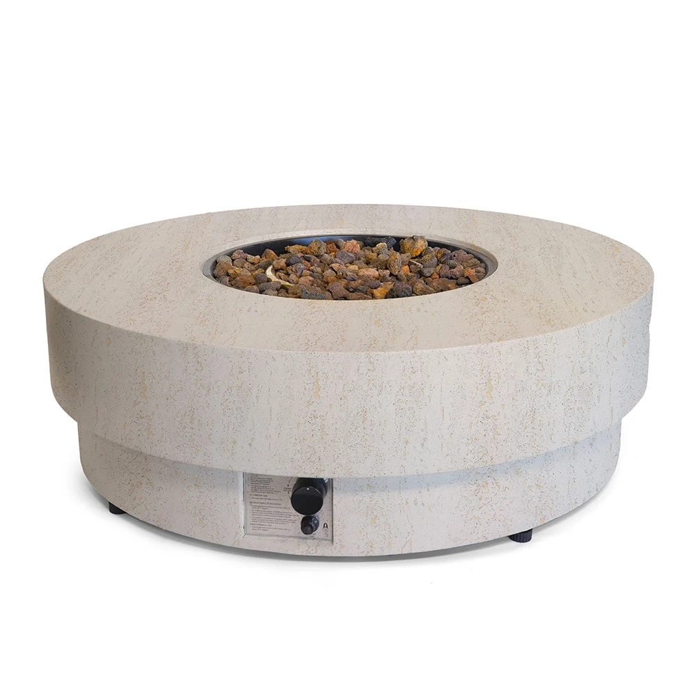 Estate Round 105 Travertin Gasfeuertisch von Happy Cocooning – 105 cm Komposit-Steinoptik Außentisch 16,5 kW