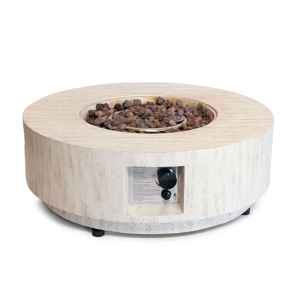 Estate Rund 76 Travertin Gas-Feuertisch von Happy Cocooning – 76 cm Komposit-Steinoptik Außentisch 13,5 kW