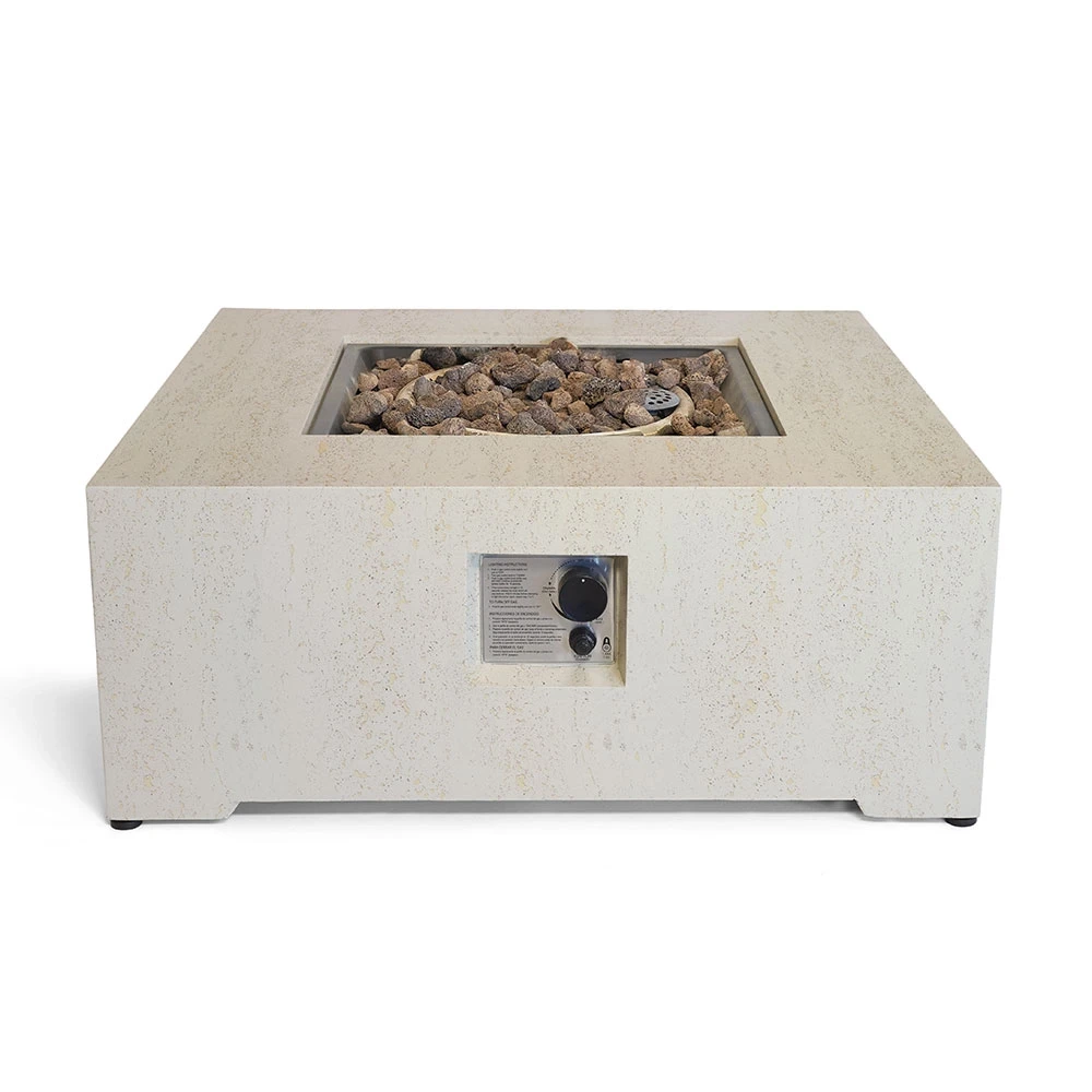 Estate Square 88 Travertin Gas-Feuertisch von Happy Cocooning – 88 cm Komposit-Steinoptik Outdoor-Tisch 16,5 kW