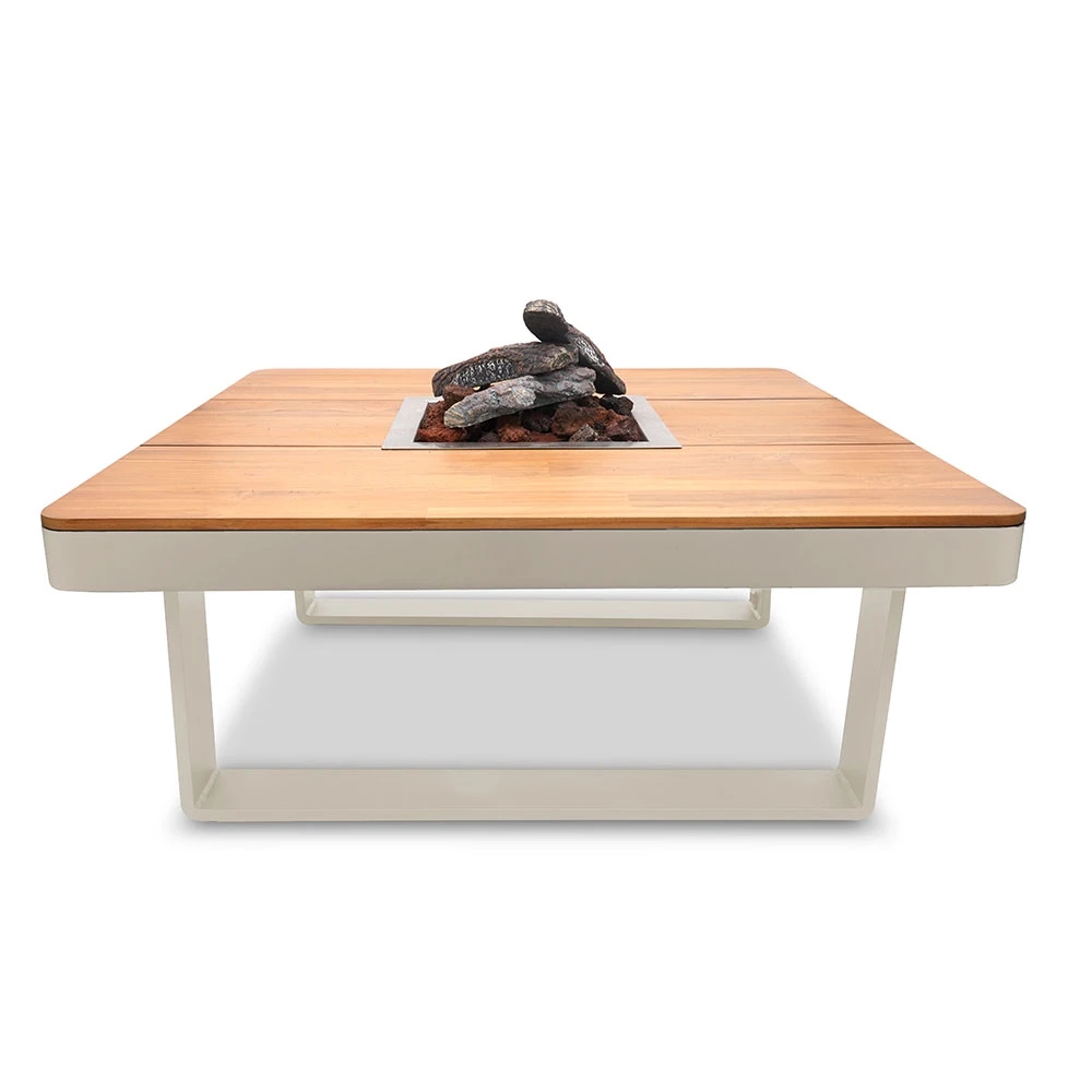 Horizon 95 Austern Beige Gasfeuertisch von Happy Cocooning – 95cm Quadratischer Außentisch mit Akazienholzplatte