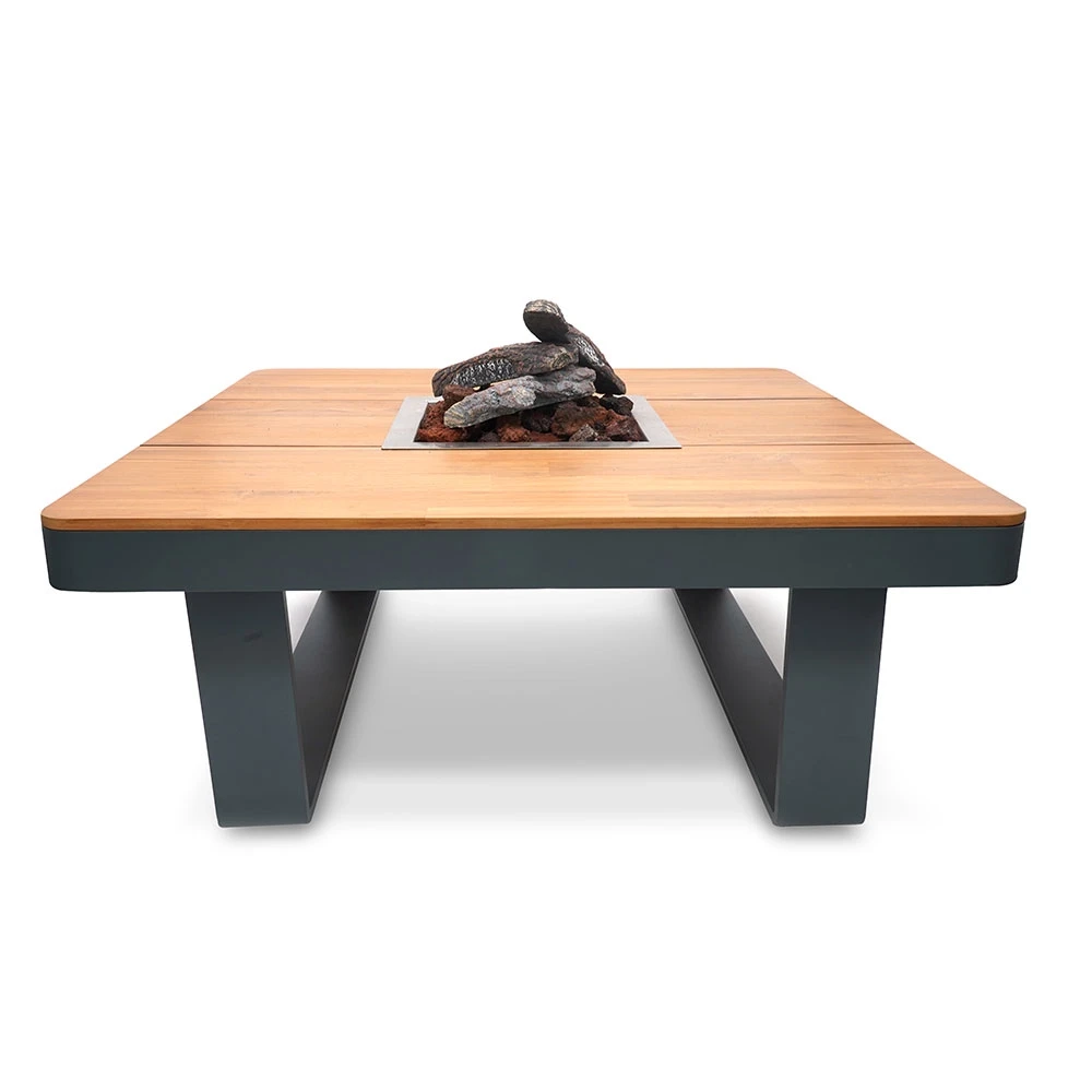 Horizon 95 Smokey Anthracite Gaskamin-Feuertisch von Happy Cocooning – 95 cm quadratischer Outdoor-Tisch mit Akazienholzplatte