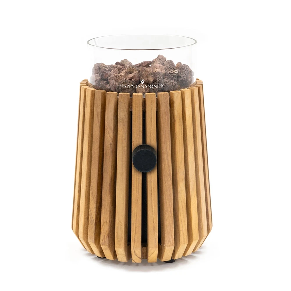 Lumi Lagune Teak Gas-Tischkamin von Happy Cocooning – Massives Teakholz Latten Design 1,98 kW – EN417 Kompatibel