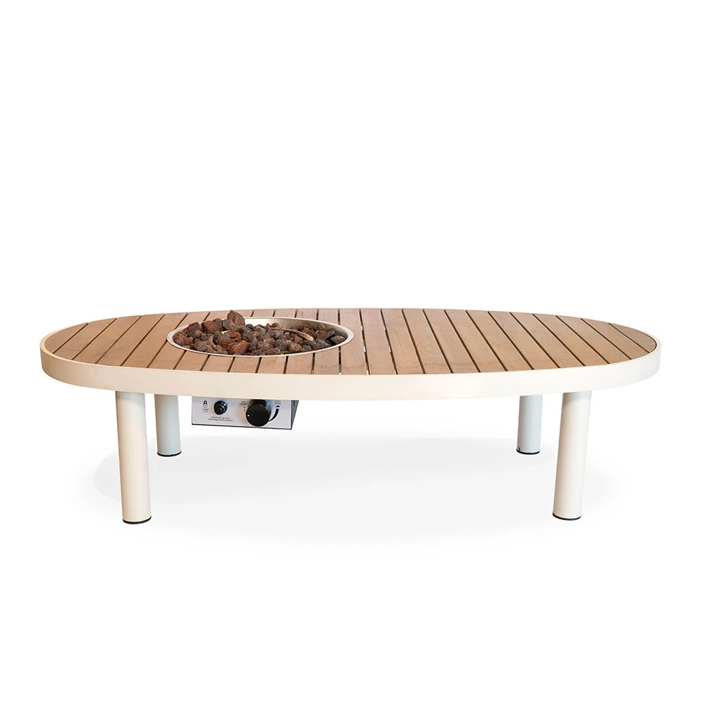 Riviera 140 Austern Beige Gasfeuertisch von Happy Cocooning – 140 cm Ovaler Außentisch mit Akazienholzplatte