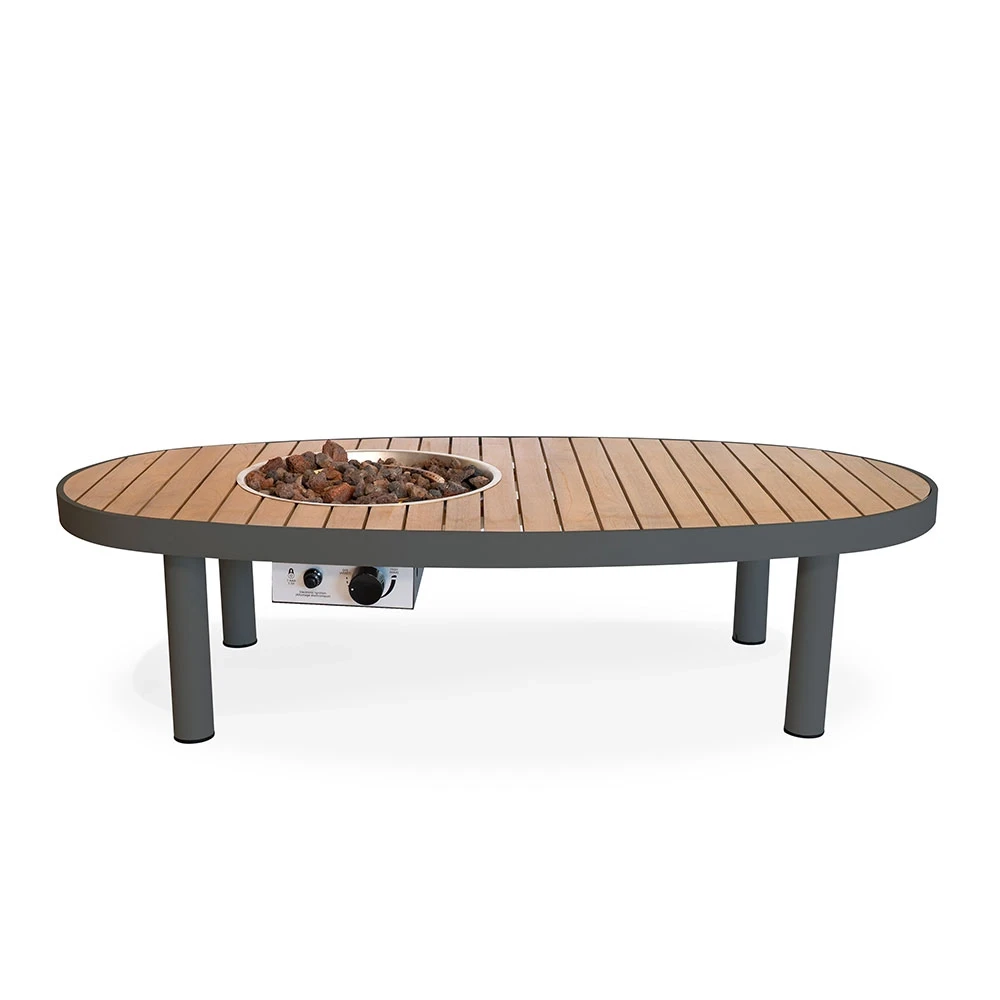 Riviera 140 Smokey Anthracite Gasfeuertisch von Happy Cocooning – 140 cm ovaler Outdoor-Tisch mit Akazienholzplatte