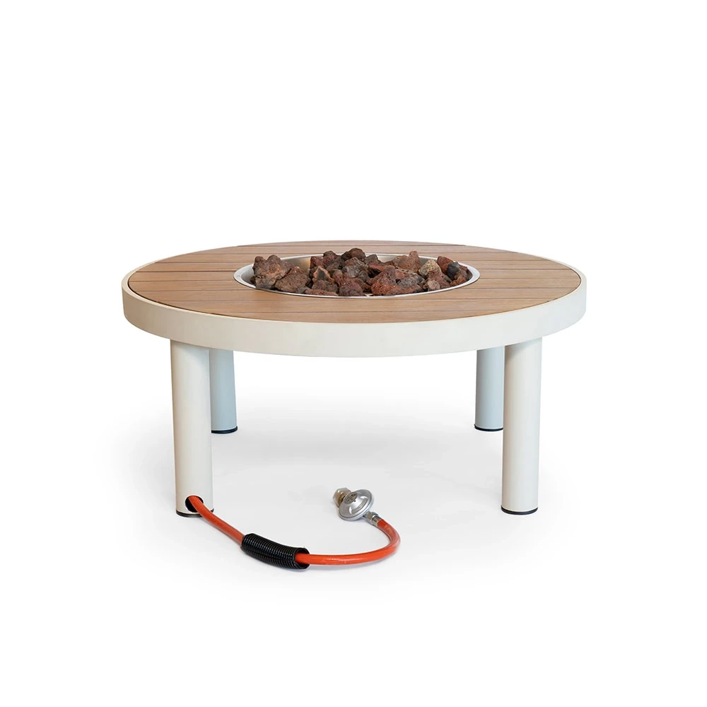 Riviera 80 Austern Beige Gaskamin-Tisch von Happy Cocooning – 80 cm runder Outdoor-Tisch mit Akazienholzplatte