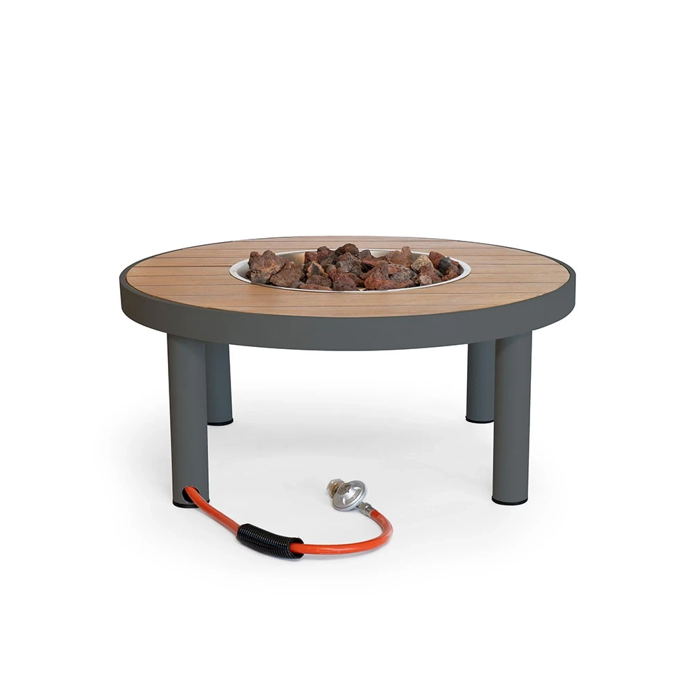 Riviera 80 Gas-Feuertisch von Happy Cocooning – 80cm runder Outdoor-Feuertisch in rauchigem Anthrazit mit Akazienholzplatte
