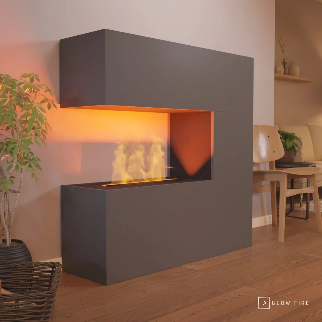 Glow Fire Schiller Grau - OMC 600 | Freistehender Wasserdampfkamin – 120 cm x 120 cm x 38 cm