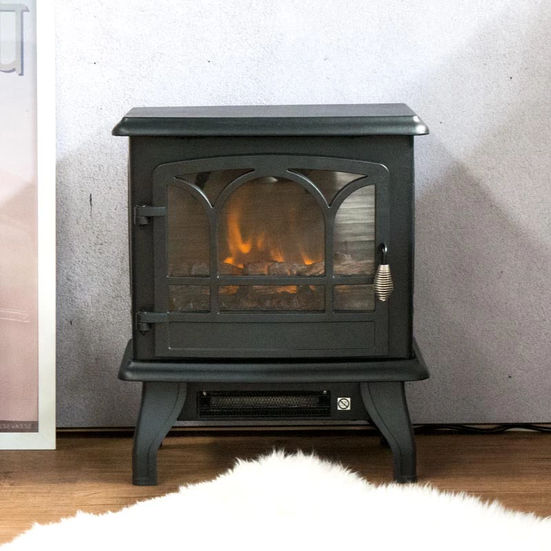 Elektrischer stehender Kamin mit LED-Flammen von 3 Seiten gesehen