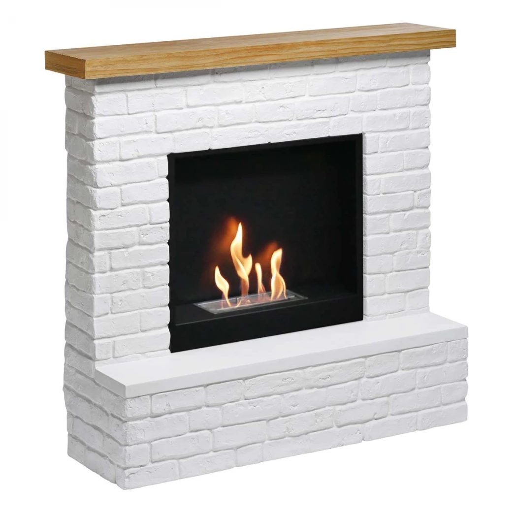 Rolf Weißer Ziegel Bioethanol-Kamin – Handgefertigte Eichen-Abdeckung, 2L Brenner, 3 kW Leistung