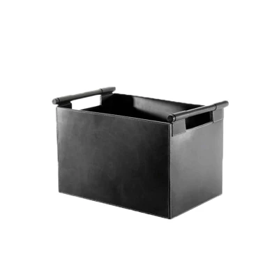 Quadratischer Holzkorb, Leder - Schwarz