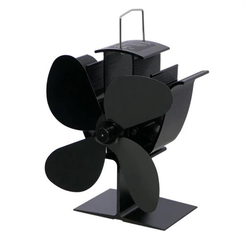Kompakter schwarzer Ofenventilator mit 4 gebogenen Stahlflügeln, entwickelt für Holzöfen und Bioethanol-Kaminöfen.